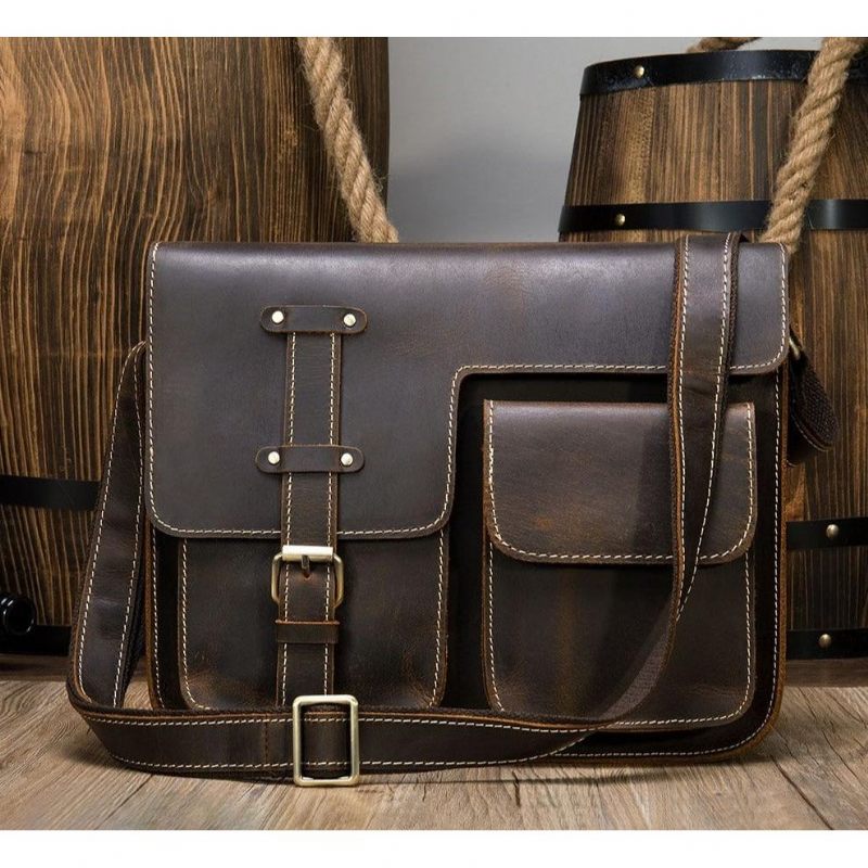 Bolsa Ombro Masculina Com Capa Couro E Mensageiro Fecho - Café