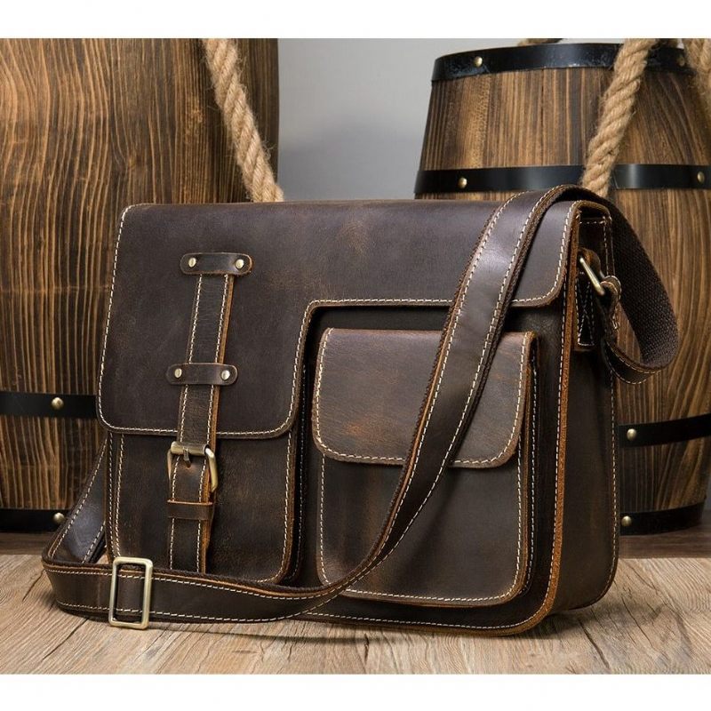 Bolsa Ombro Masculina Com Capa Couro E Mensageiro Fecho - Café