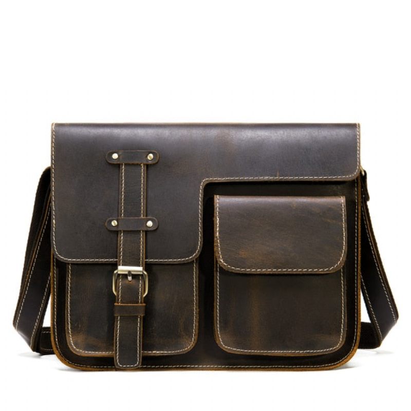 Bolsa Ombro Masculina Com Capa Couro E Mensageiro Fecho - Café
