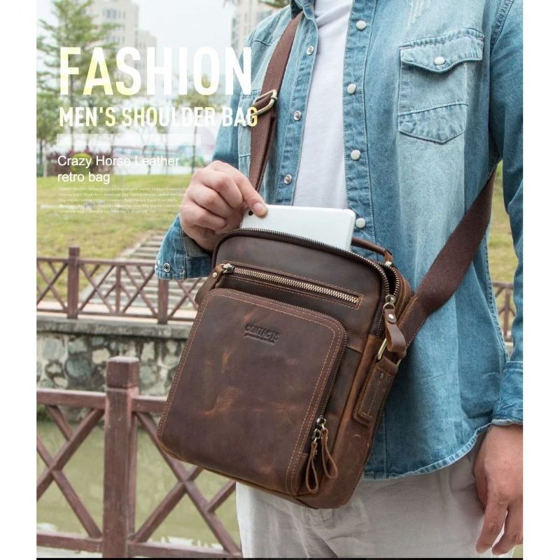 Bolsa Ombro Masculina Elegante Crossbody Couro Crazy Horse - Café