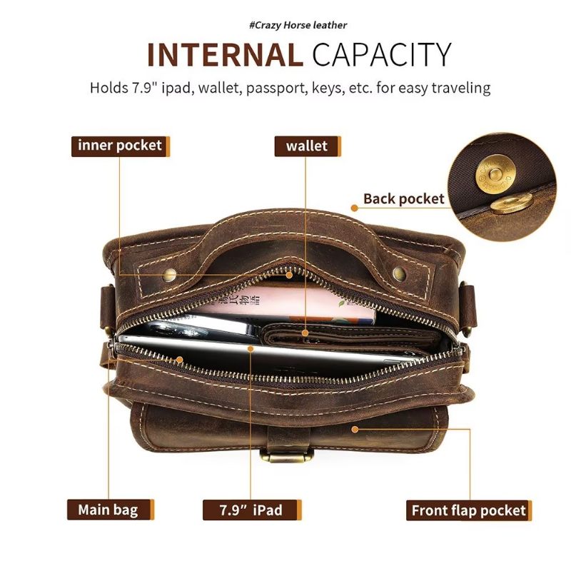 Bolsa Ombro Masculina Luxo Com Aba Couro Genuíno Crossbody Compacta - Café
