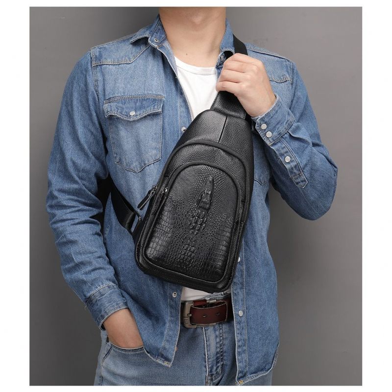 Bolsa Ombro Masculina Luxuosa Crocprint Couro Crossbody Mensageiro - Preto