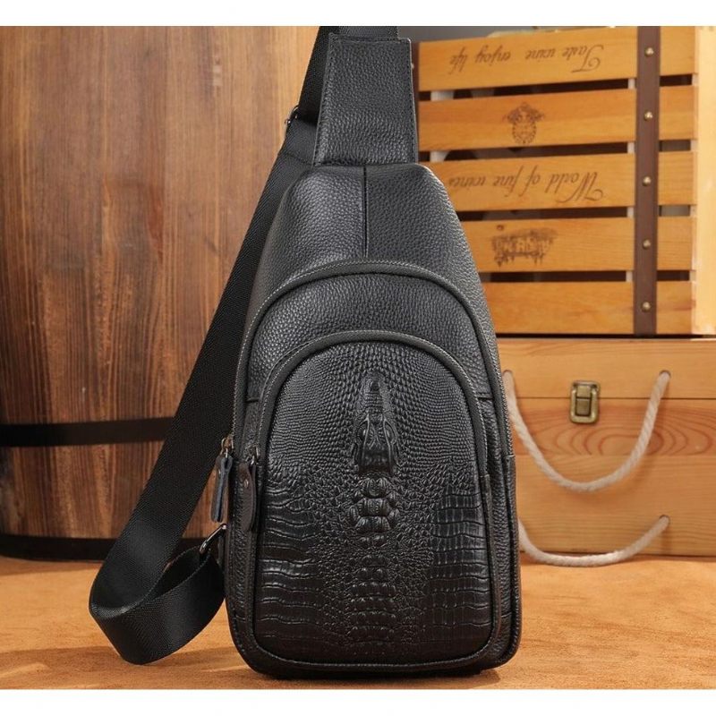 Bolsa Ombro Masculina Luxuosa Crocprint Couro Crossbody Mensageiro - Preto