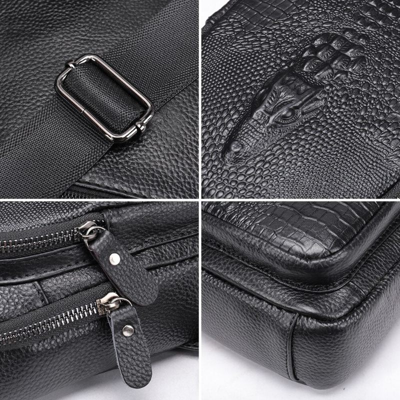 Bolsa Ombro Masculina Luxuosa Crocprint Couro Crossbody Mensageiro - Preto