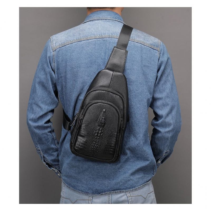 Bolsa Ombro Masculina Luxuosa Crocprint Couro Crossbody Mensageiro - Preto