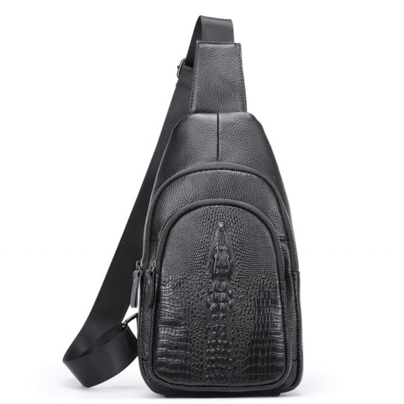 Bolsa Ombro Masculina Luxuosa Crocprint Couro Crossbody Mensageiro - Preto