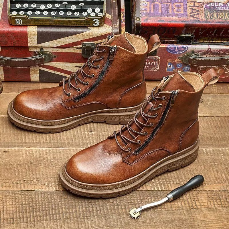 Botas Masculinas Couro Chique Com Bico Redondo E Deslizamento Em - Café