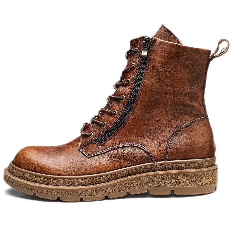 Botas Masculinas Couro Chique Com Bico Redondo E Deslizamento Em - Café