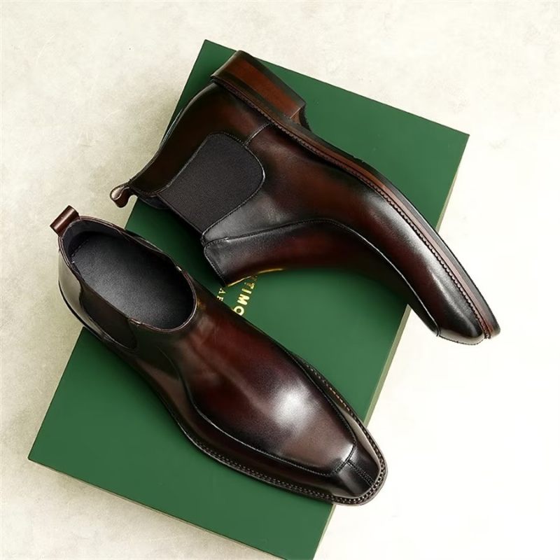 Botas Masculinas Elegantes Couro Com Bico Quadrado Clássico Chelsea Ankle Boots - Borgonha