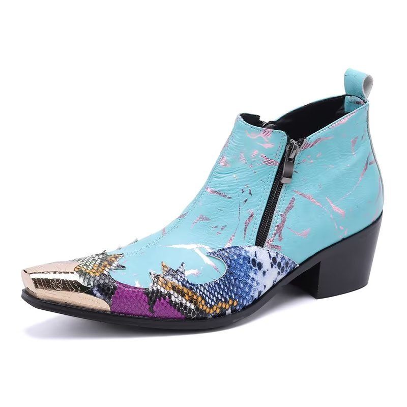 Botas Masculinas Luxo Com Padrão Exótico Sociais Couro Genuíno - Azul 1