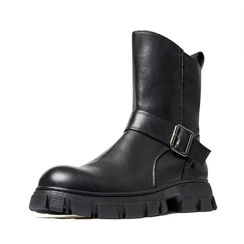 Botas Masculinas Pele Carneiro Chique Vintage Com Zíper Curto Em Dois Tons Martin Boots - Preto