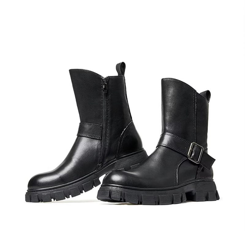 Botas Masculinas Pele Carneiro Chique Vintage Com Zíper Curto Em Dois Tons Martin Boots - Preto