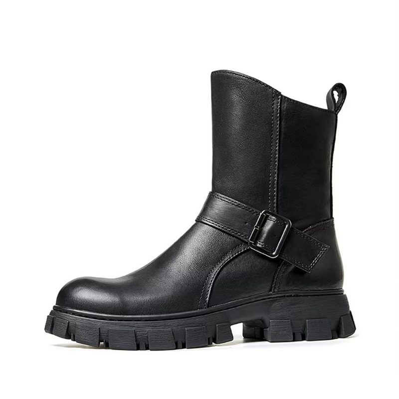 Botas Masculinas Pele Carneiro Chique Vintage Com Zíper Curto Em Dois Tons Martin Boots - Preto