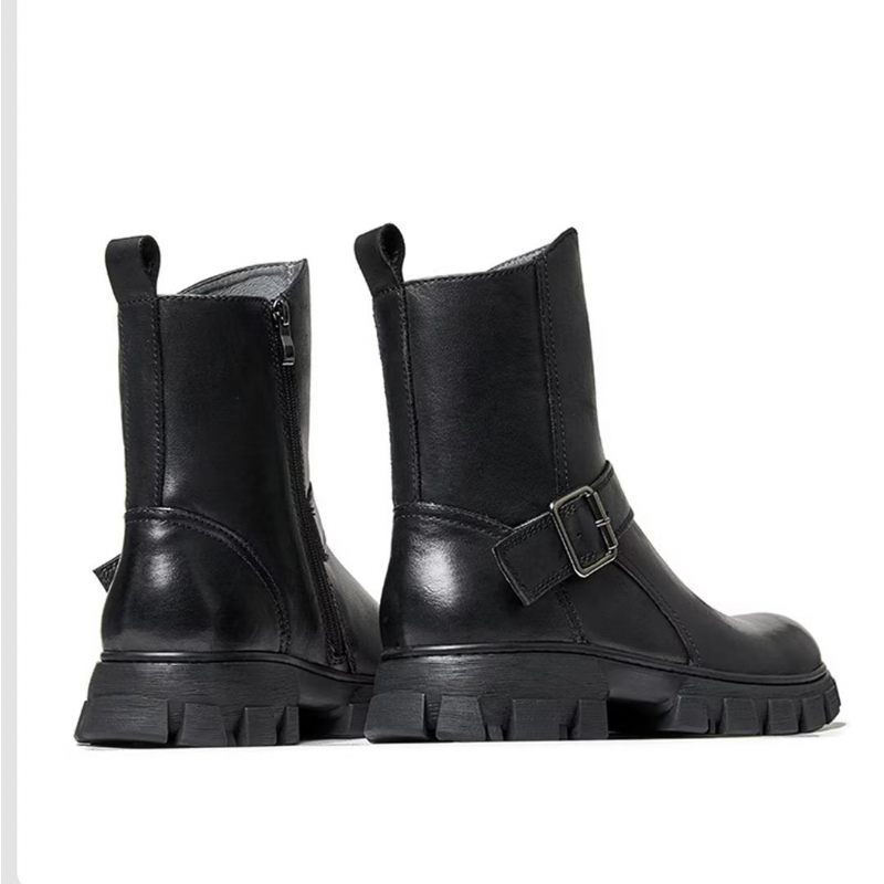 Botas Masculinas Pele Carneiro Chique Vintage Com Zíper Curto Em Dois Tons Martin Boots - Preto