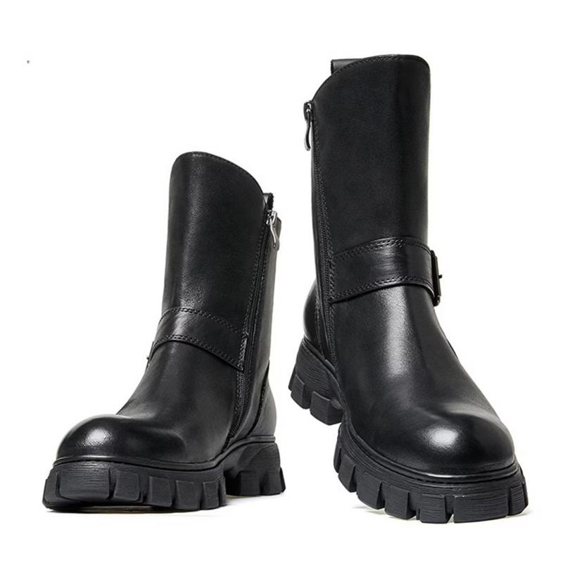 Botas Masculinas Pele Carneiro Chique Vintage Com Zíper Curto Em Dois Tons Martin Boots - Preto