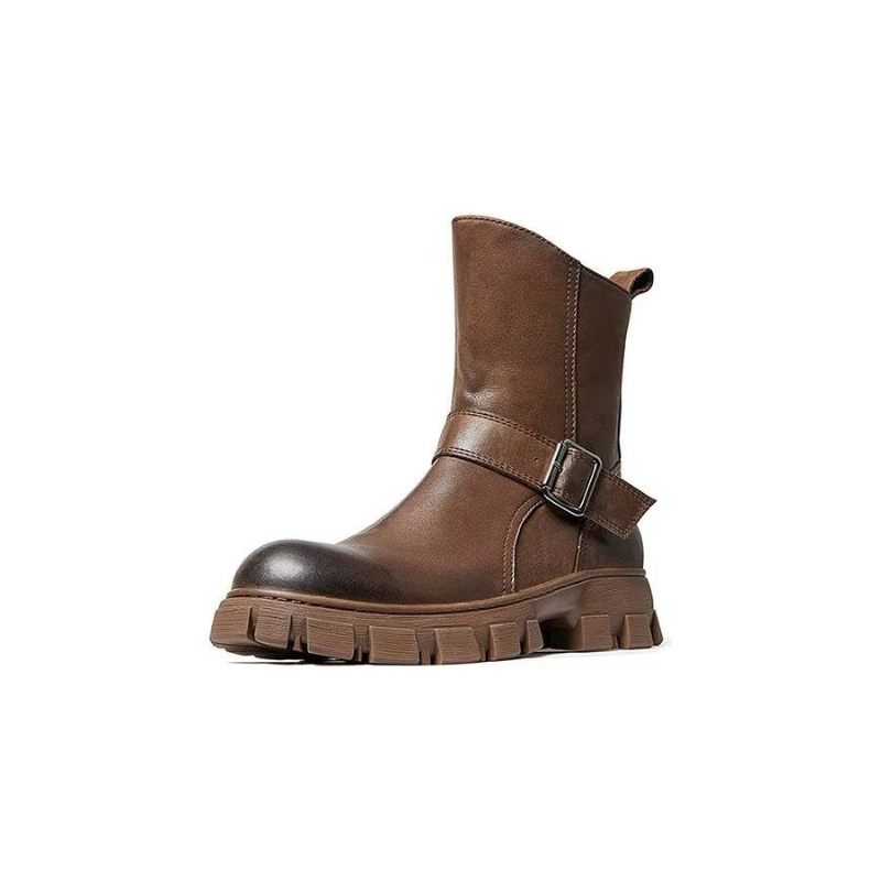 Botas Masculinas Pele Carneiro Chique Vintage Com Zíper Curto Em Dois Tons Martin Boots - Marrom