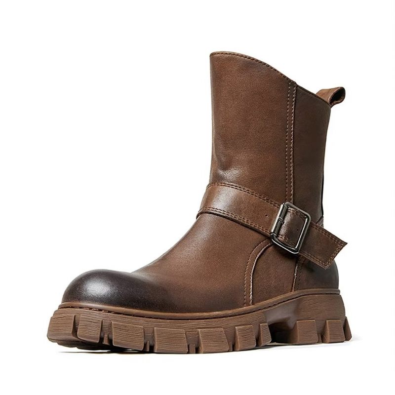 Botas Masculinas Pele Carneiro Chique Vintage Com Zíper Curto Em Dois Tons Martin Boots - Marrom