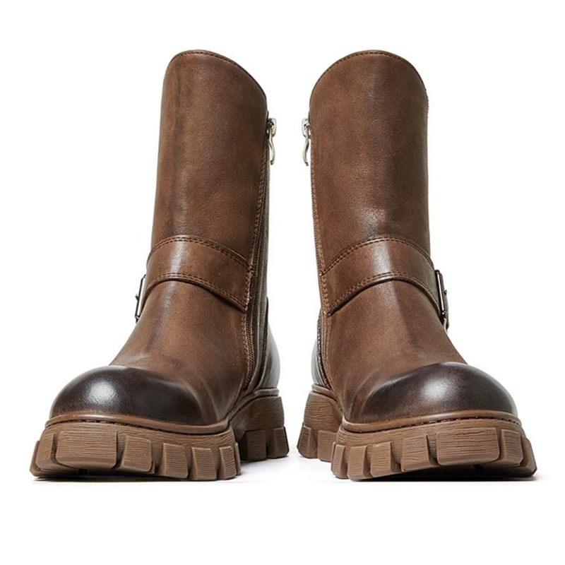 Botas Masculinas Pele Carneiro Chique Vintage Com Zíper Curto Em Dois Tons Martin Boots - Marrom