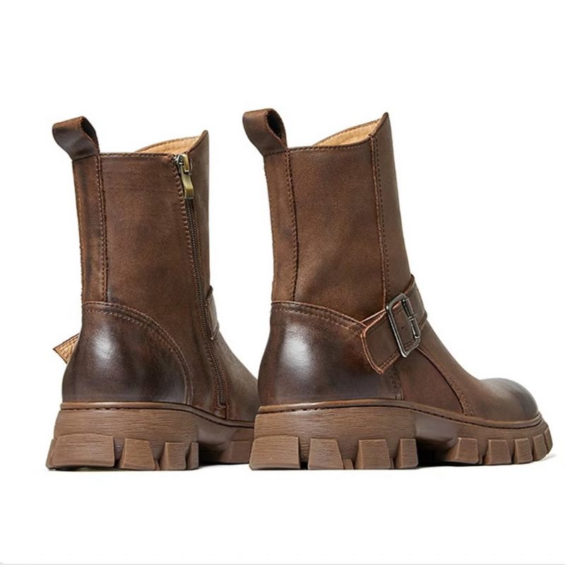 Botas Masculinas Pele Carneiro Chique Vintage Com Zíper Curto Em Dois Tons Martin Boots - Marrom