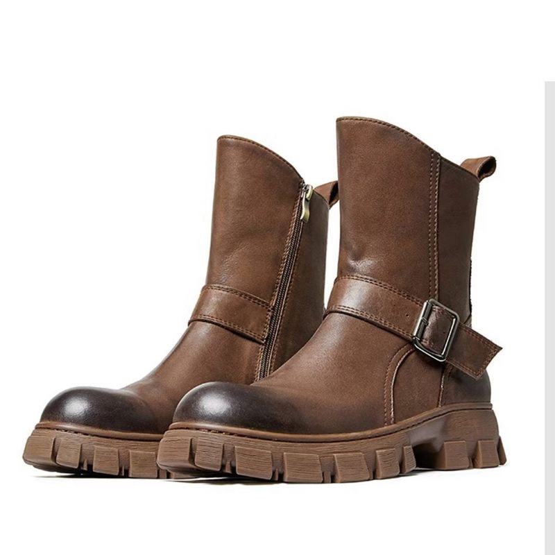 Botas Masculinas Pele Carneiro Chique Vintage Com Zíper Curto Em Dois Tons Martin Boots - Marrom