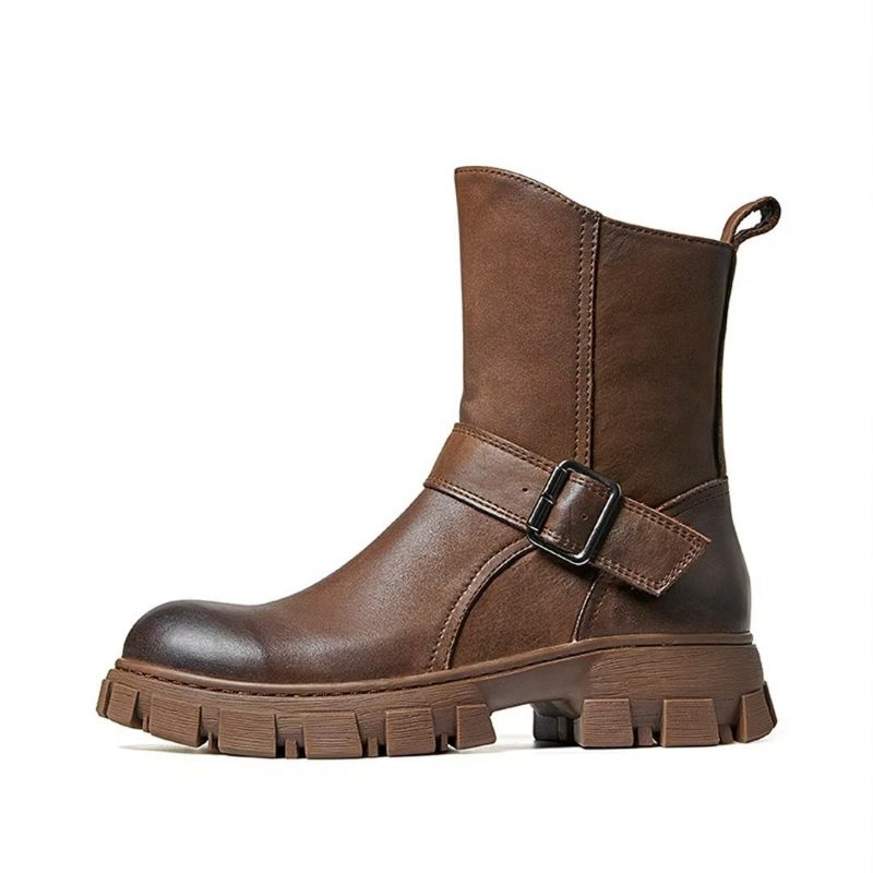 Botas Masculinas Pele Carneiro Chique Vintage Com Zíper Curto Em Dois Tons Martin Boots - Marrom