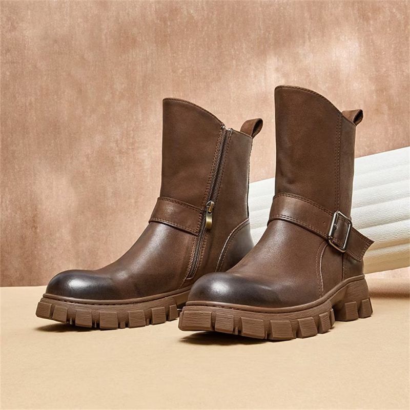 Botas Masculinas Pele Carneiro Chique Vintage Com Zíper Curto Em Dois Tons Martin Boots - Marrom