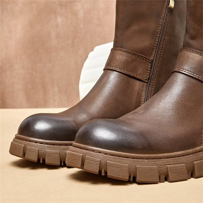 Botas Masculinas Pele Carneiro Chique Vintage Com Zíper Curto Em Dois Tons Martin Boots - Marrom