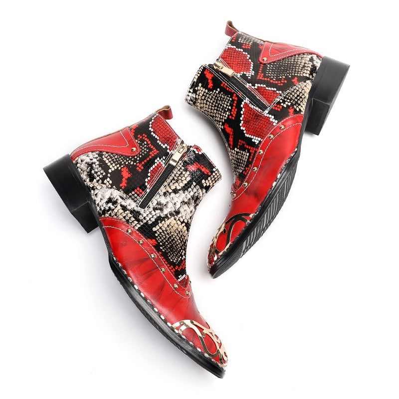 Botas Masculinas Pele Cobra Chique Salto Quadrado Mocassins Festa - Vermelho