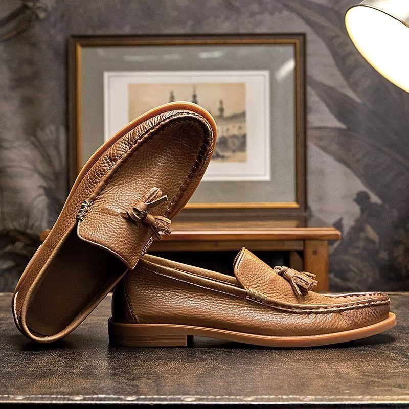 Mocassins Masculinos Chiques Com Borla Em Relevo E Slip-on - Marrom