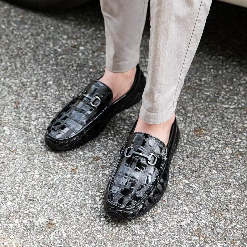 Mocassins Masculinos Couro Crocodilo Exótico Com Biqueira Metal - Preto