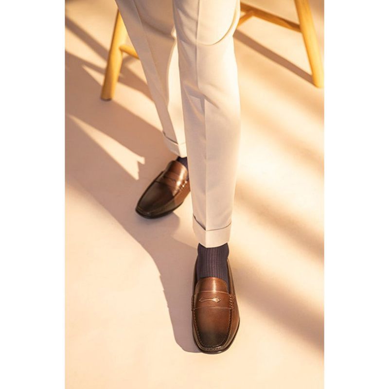 Mocassins Masculinos Couro Exótico Com Biqueira Quadrada - Café