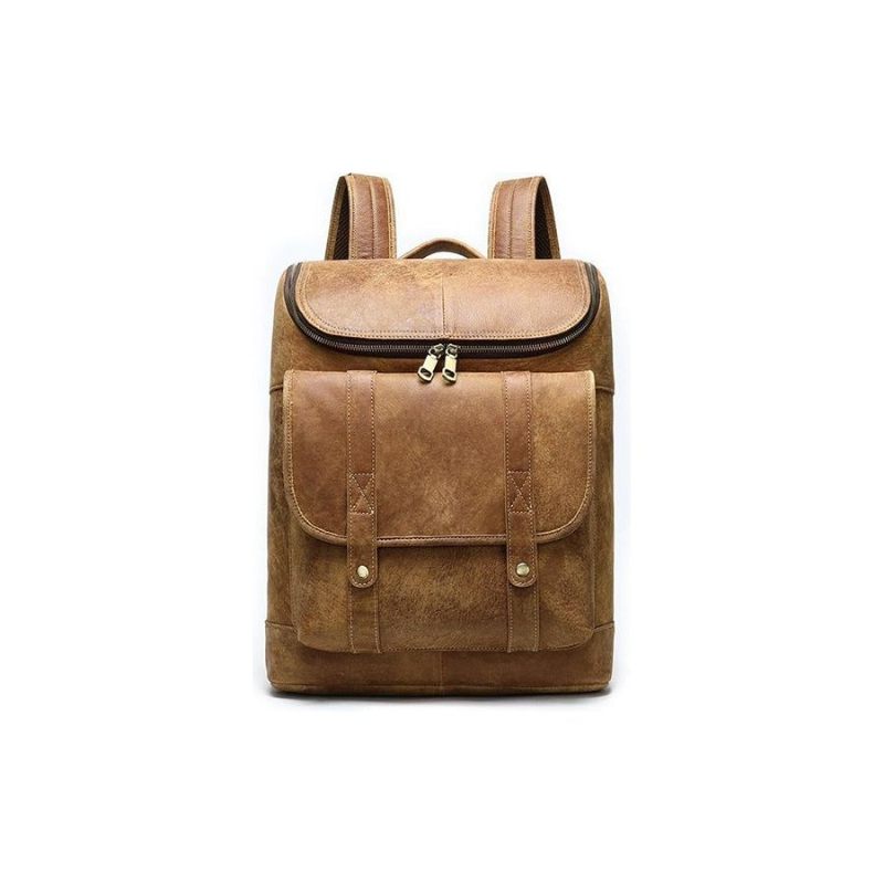 Mochilas Masculinas Vintage Couro Exótico Zíper Softback Mochila Fashion - Café