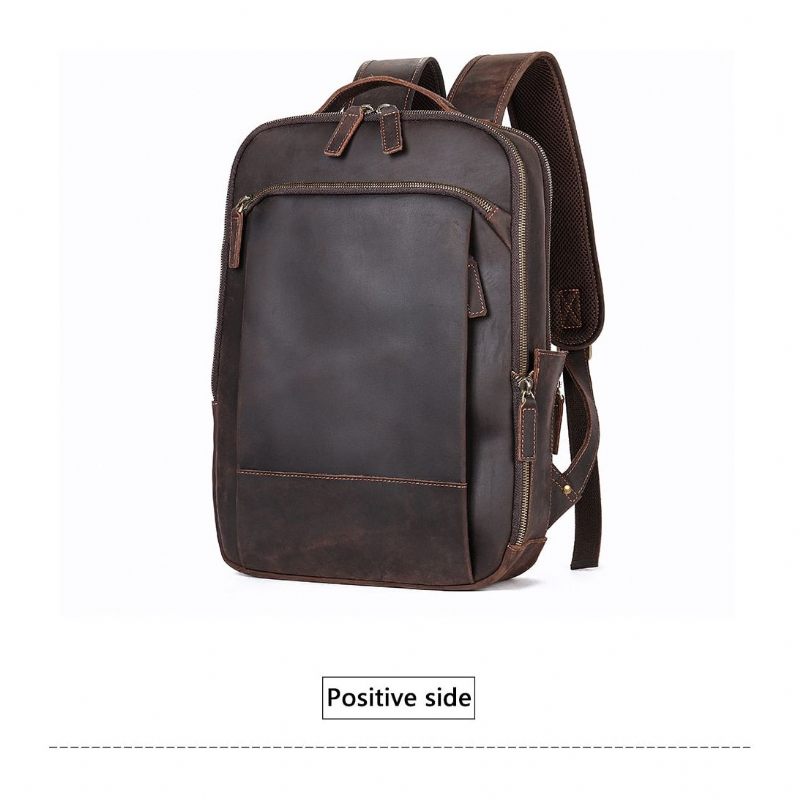 Mochilas Masculinas Vintage Luxury Leather Laptop Travel Daypack - Café