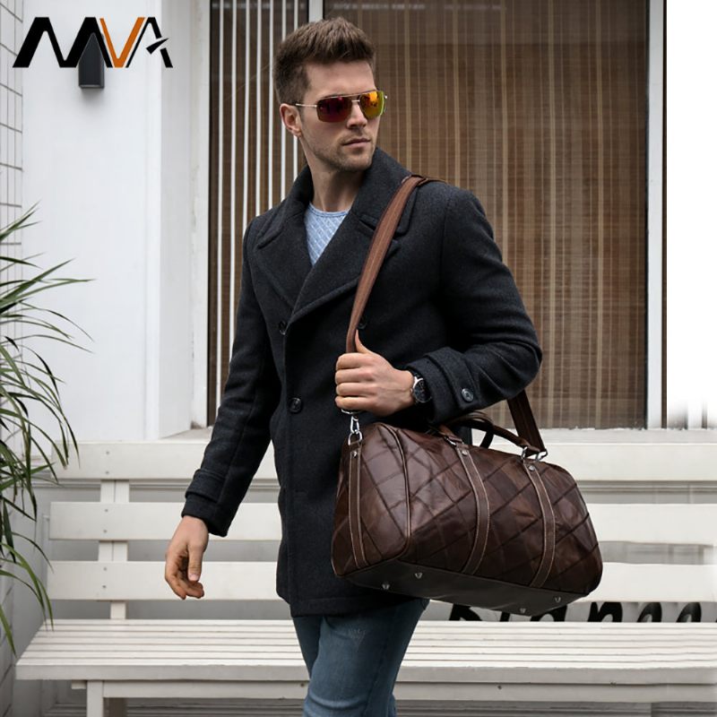 Pastas Masculinas Vintage Chique Xadrez Couro Bolsa Viagem - Café