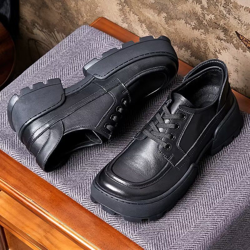 Sapatos Casuais Masculinos Com Bico Quadrado E Cadarço - Preto