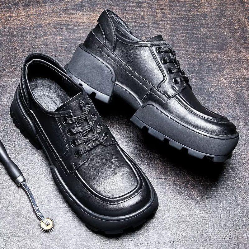 Sapatos Casuais Masculinos Com Bico Quadrado E Cadarço - Preto