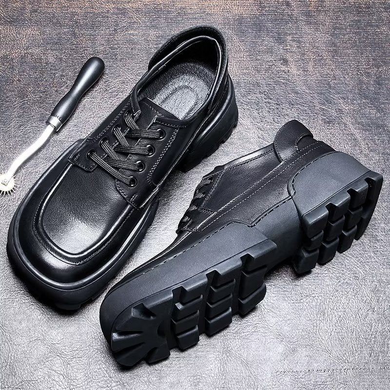 Sapatos Casuais Masculinos Com Bico Quadrado E Cadarço - Preto
