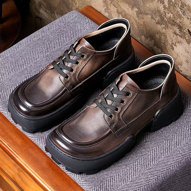Sapatos Casuais Masculinos Com Bico Quadrado E Cadarço - Café