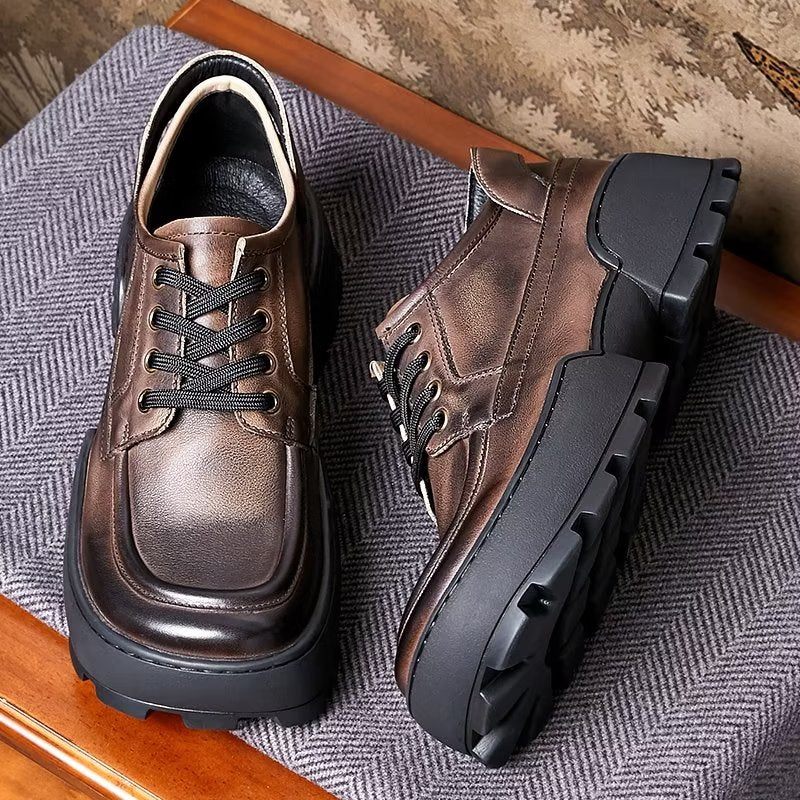 Sapatos Casuais Masculinos Com Bico Quadrado E Cadarço - Café