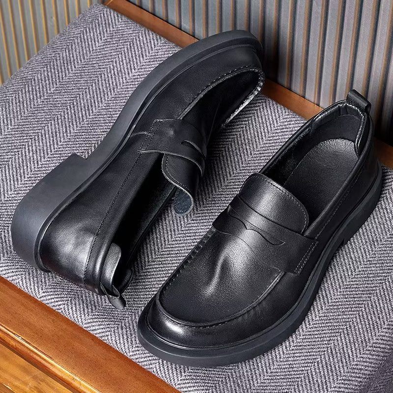 Sapatos Casuais Masculinos Couro Luxo Slip-ons Elegantes Dedo Do Pé Redondo - Preto