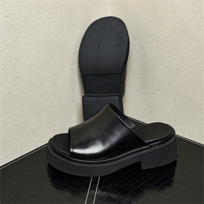 Sapatos Formais Masculinos Chinelos Clássicos Couro Com Bico Redondo - Preto