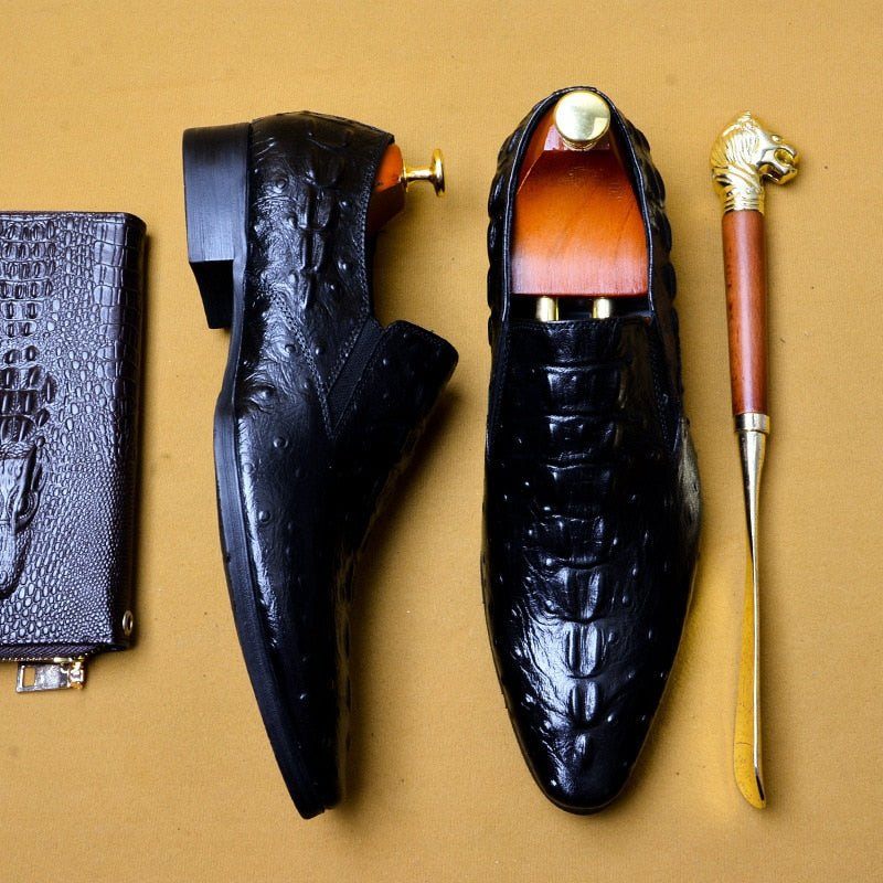 Sapatos Formais Masculinos Chiques Couro Crocodilo Bico Fino Deslizamento Em Sociais - Preto