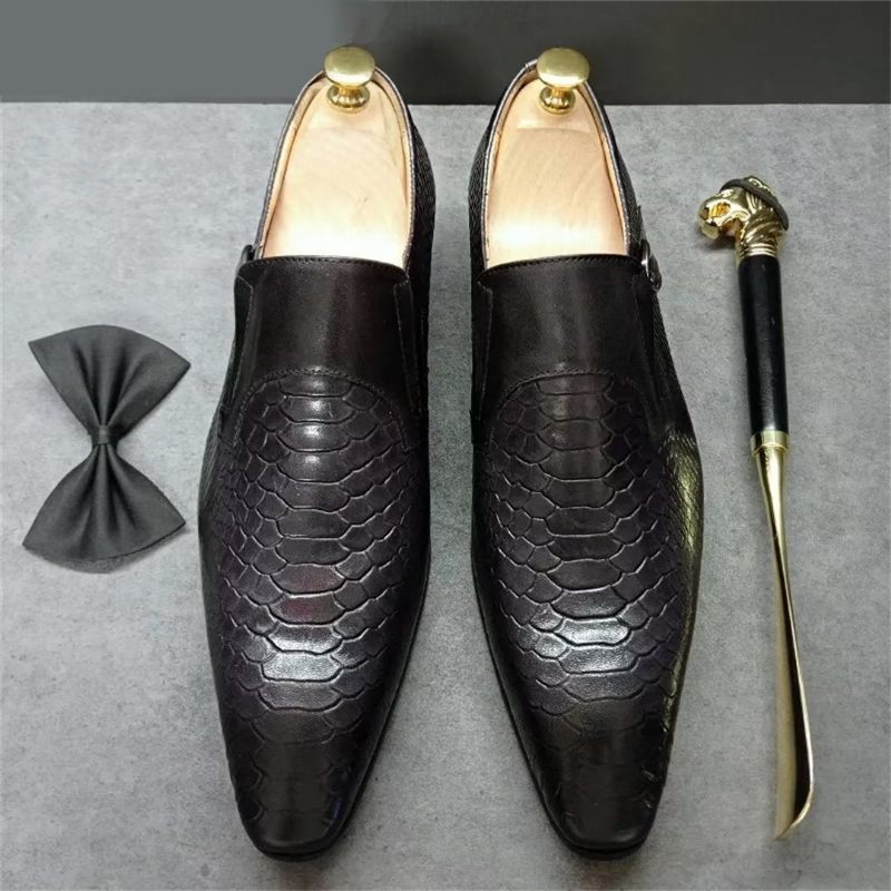Sapatos Formais Masculinos Com Padrão Crocodilo Genuíno E Sofisticados Slip-ons - Preto