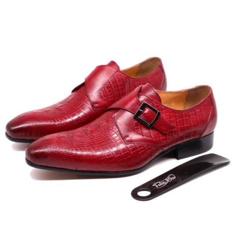 Sapatos Formais Masculinos Couro Crocodilo Luxo Com Tiras Monge Pontiagudas - Vermelho
