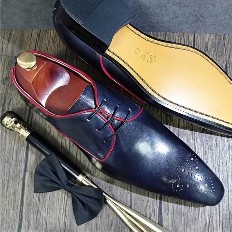 Sapatos Formais Masculinos Couro Genuíno Com Pontas - Azul Escuro