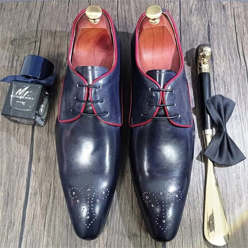 Sapatos Formais Masculinos Couro Genuíno Com Pontas - Azul Escuro