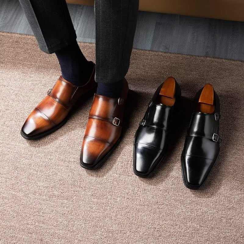 Sapatos Formais Masculinos Couro Refinado Slip-on Monkstraps - Café