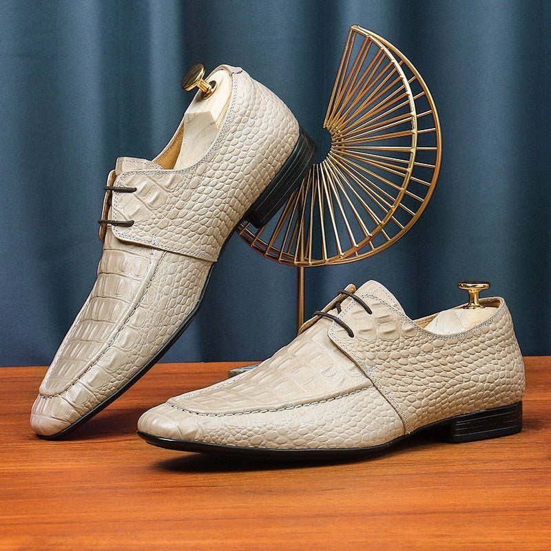 Sapatos Formais Masculinos Elegantes Couro Crocodilo Branco Exótico Vestido Luxo - Branco