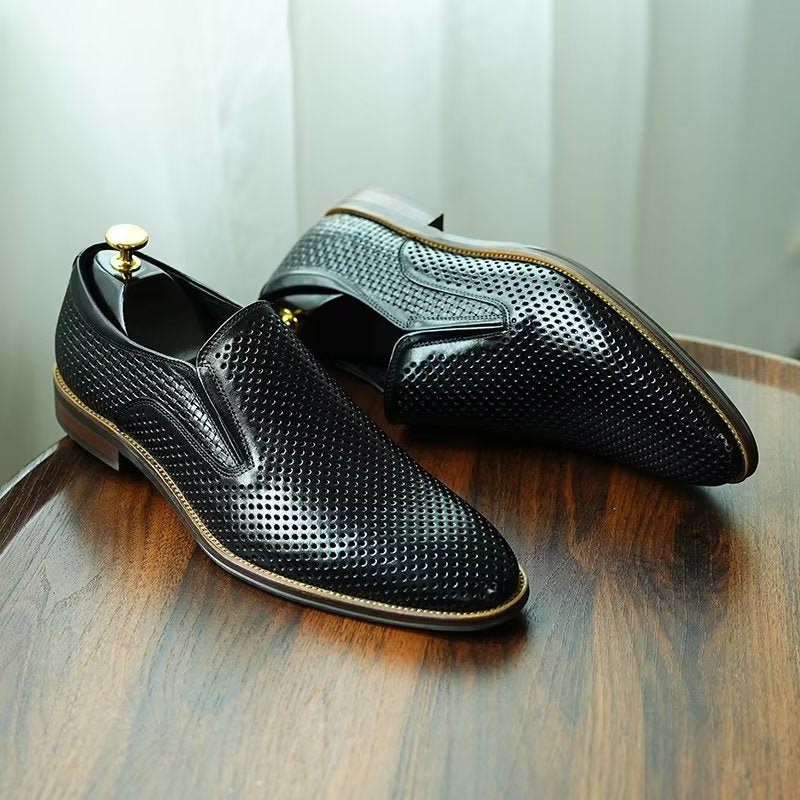 Sapatos Formais Masculinos Elegantes Couro Estilo Brogue Slip-ons Para Casamento - Preto