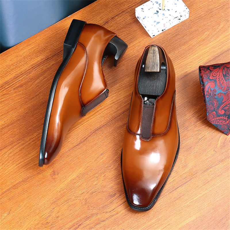 Sapatos Formais Masculinos Luxo Com Bico Fino E Elástico Para Casamento - Café